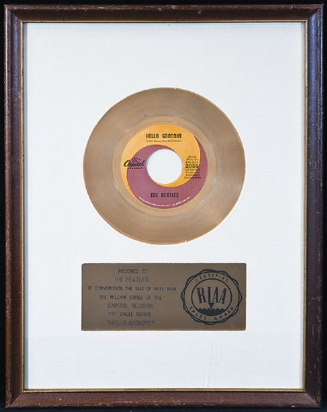 Beatles "Hello Goodbye" RIAA White Matte Gold Record Award