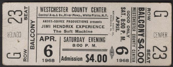Jimi Hendrix 1968 Westchester County Center Original Concert Ticket