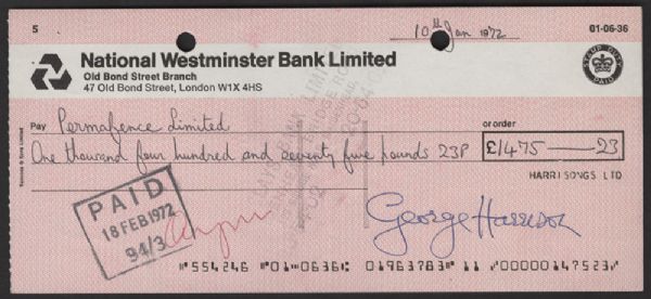 George Harrison Signed "Harrisongs Ltd." Check