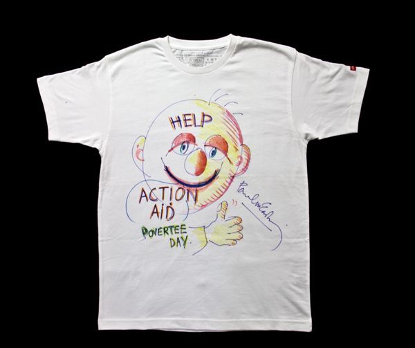 Paul McCartney Hand Drawn and Signed Self Portrait T-Shirt for "PoverTee Day 2009"