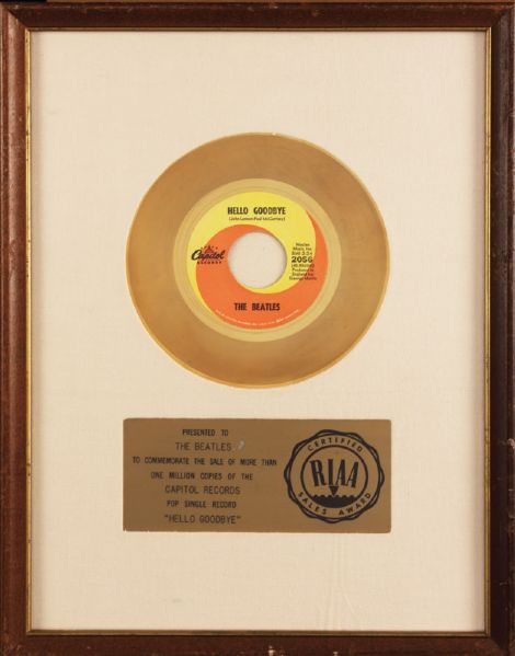 "Hello Goodbye" RIAA White Matte Gold Record Award