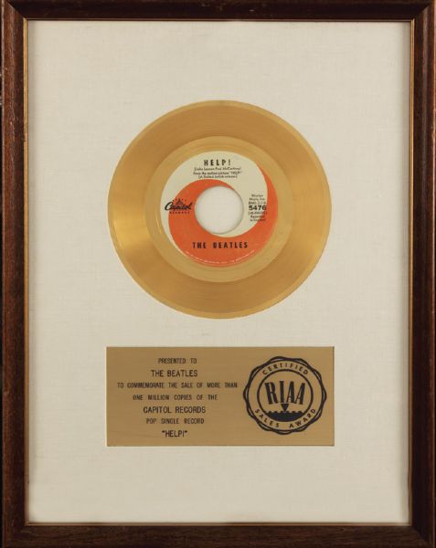 "HELP!" Original White Matte RIAA Gold Record Award Presented to The Beatles