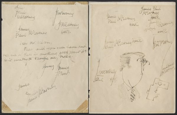 Paul McCartney Earliest Known Handwritten Letter With 23 Signatures and Drawing From Liverpool Institute, c. 1959