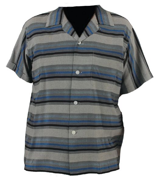 Elvis Presley Owned and Worn Custom Made Short Sleeved Blue and Grey Striped Shirt