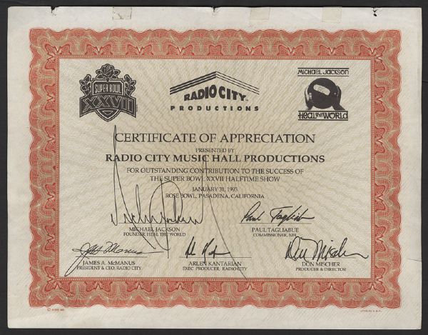 Michael Jackson Signed Radio City Music Hall Certificate