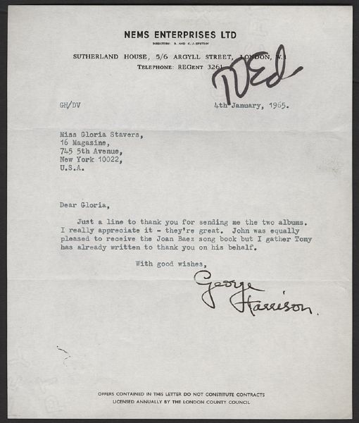 George Harrison 1965 Signed Letter to Gloria Stavers 