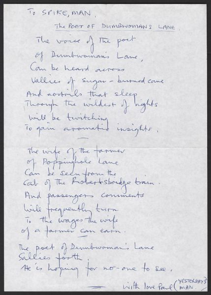 A Handwritten Poem and Drawing by Paul McCartney “The Poet of Dumbwoman’s Lane”