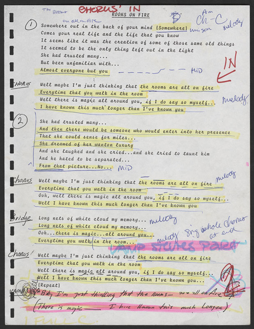 Lot Detail Stevie Nicks Hand Annotated Rooms On Fire Lyrics