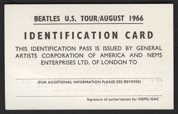 Beatles U.S. Tour August 1966 ID Card