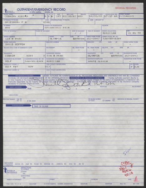 Kurt Cobain 1991 Signed Emergency Room Discharge Records