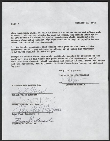 The Doors Signed 1968 Elektra Contract