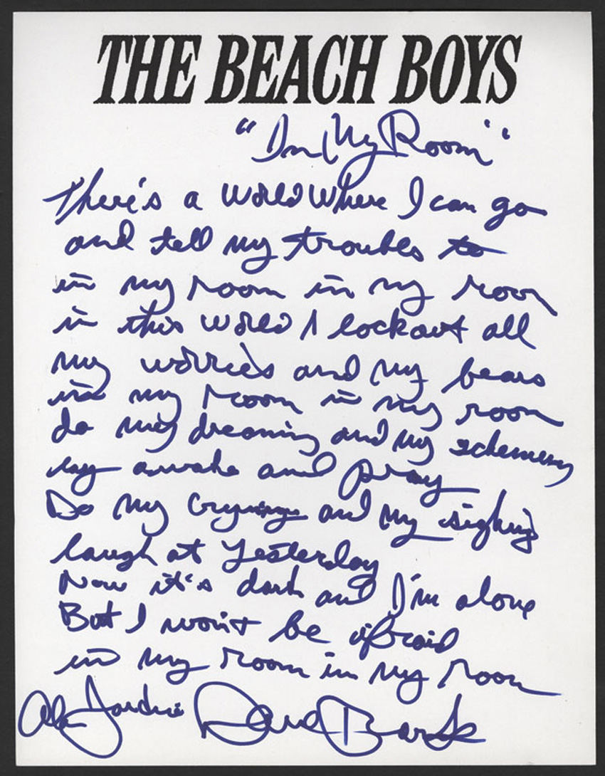 Lot Detail Beach Boys Handwritten Signed In My Room Lyrics