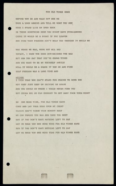 Elvis Presley Used "For Ol Times Sake" Lyric and Lead Sheets