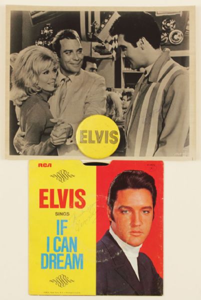 Elvis Presley Signed Original Movie Still and 45 Record Sleeve with Button
