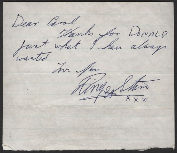 Ringo Starr Handwritten  & Signed "Donald Duck" Note From The Collection Of Frank Caiazzo  