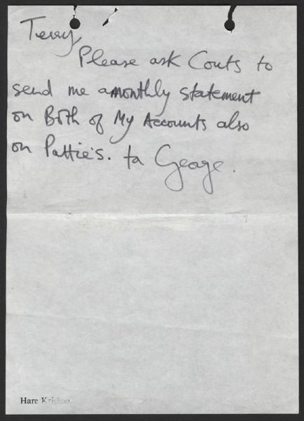 George Harrison Handwritten & Signed Note From The Collection Of Frank Caiazzo