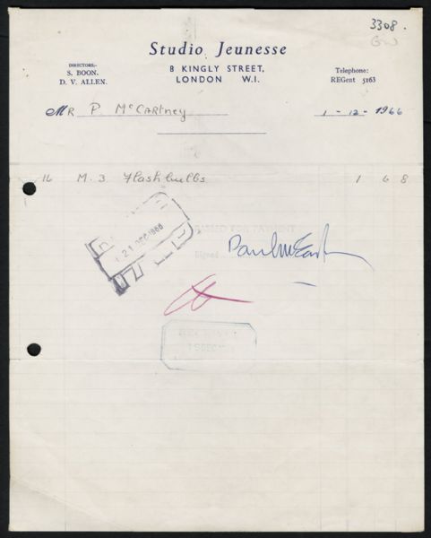 Paul McCartney 1966 Signed Invoice