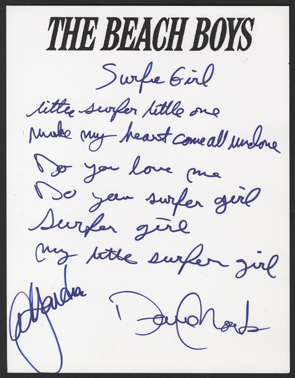 Lot Detail Beach Boys Handwritten Signed Surfer Girl Lyrics