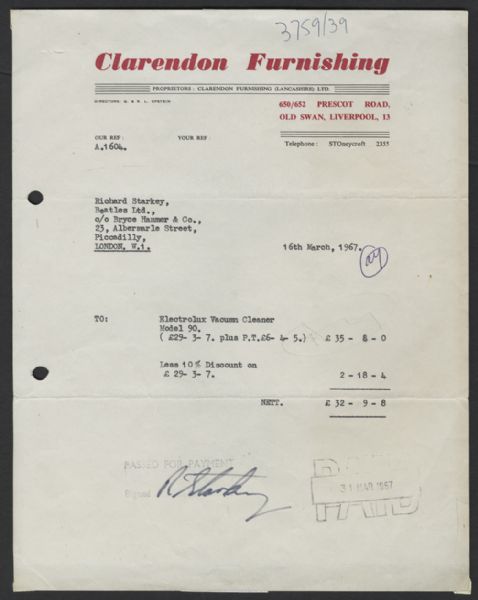 Ringo Starr 1967 Signed Invoice 