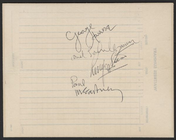 Beatles Signed Waitress Order Pad