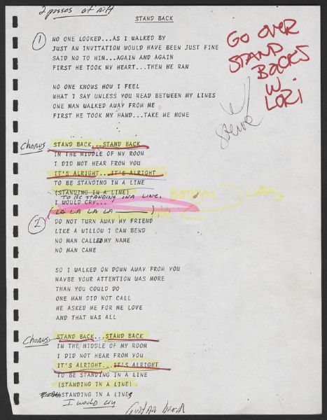 Stevie Nicks Hand Annotated "Stand Back" Lyrics