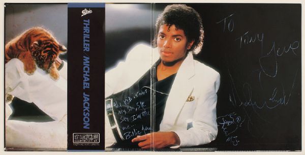 Michael Jackson "Billie Jean" Lyrics Inscribed and Signed With Initialed Hand Drawing Japanese "Thriller" Album