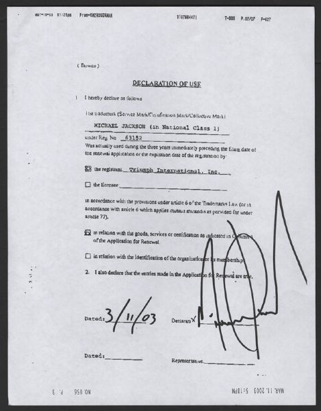 Michael Jackson Signed Trademark Renewal