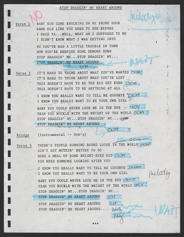 Lot detail stevie nicks hand annotated stop draggin my heart around
