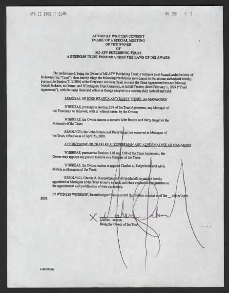 Michael Jackson Signed MJJ-ATV Music Publishing Trust Faxed Document