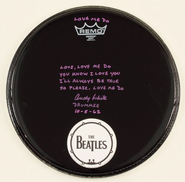 Beatles Drummer Andy White "Love Me Do" Signed and Inscribed Drum Head