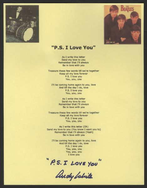 Andy White "P.S. I Love You" Signed & Inscribed Lyrics Sheet