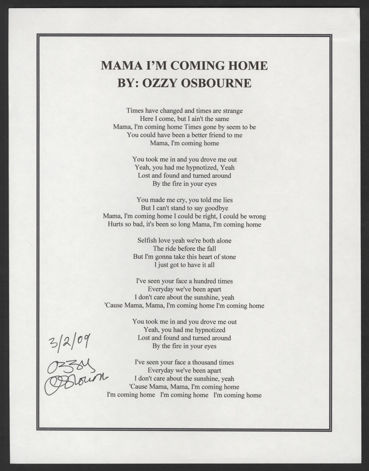 Ozzy Osbourne Signed "Mama Im Coming Home" Lyrics Sheet.