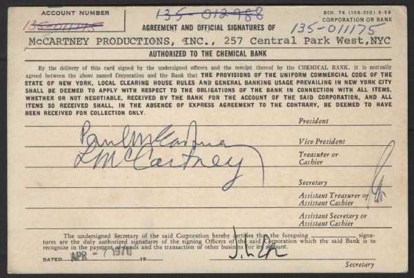 Paul & Linda McCartney Signed Bank Signature Card