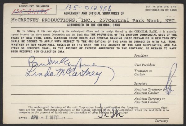 Paul & Linda McCartney Signed Bank Signature Card