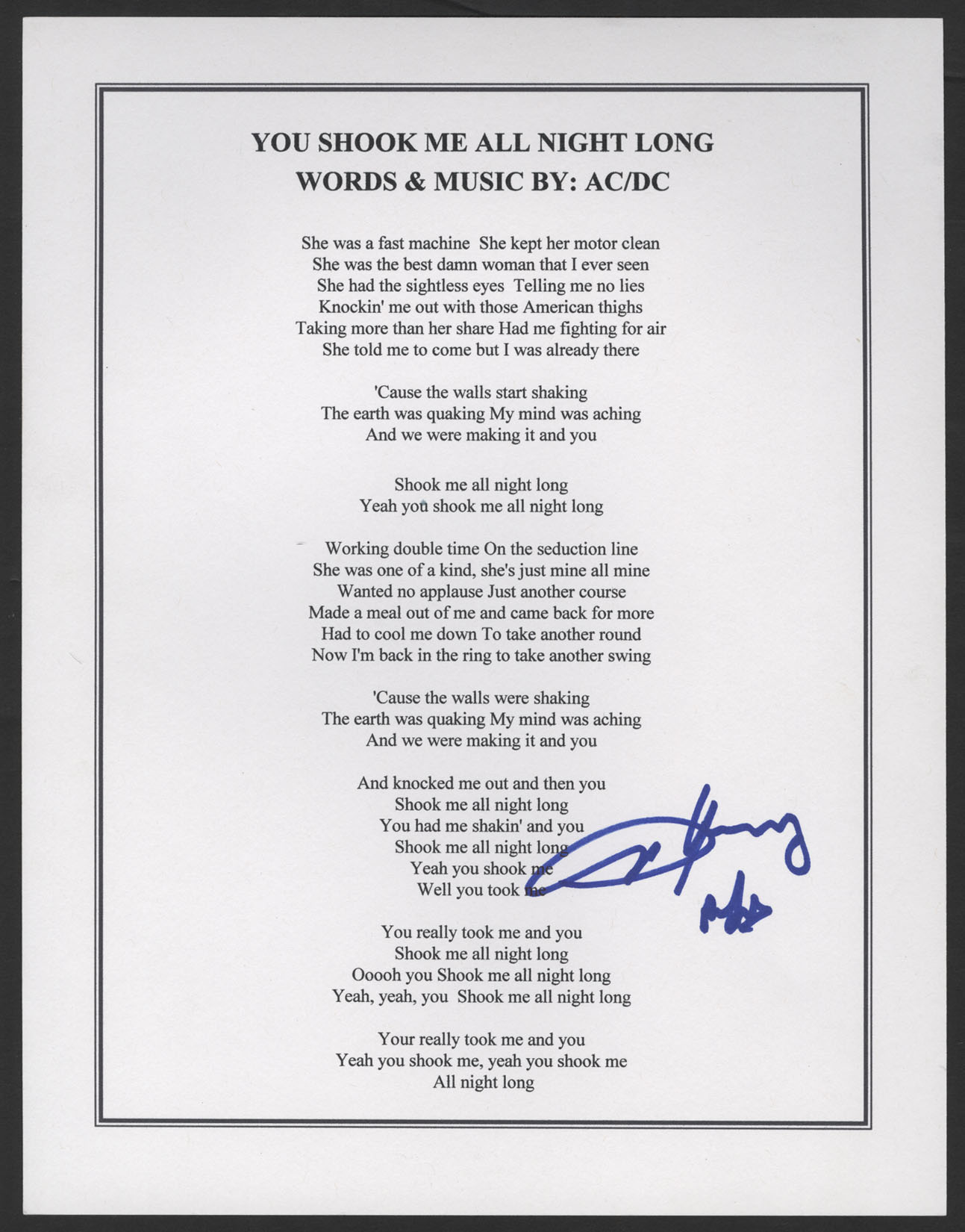Lot Detail Angus Young Signed AC/DC "You Shook Me All Night Long" Lyric Sheet