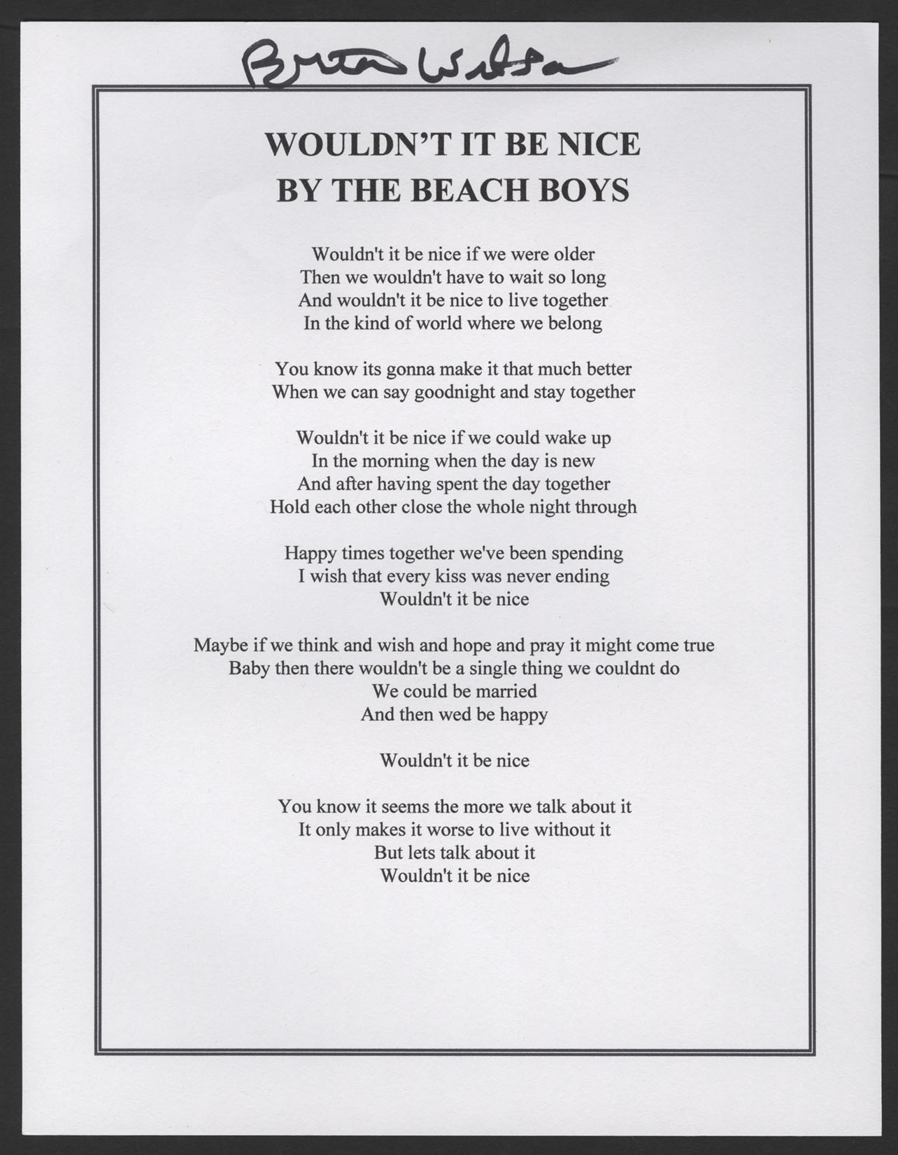 Lot Detail Brian Wilson Signed Beach Boys Wouldn T It Be Nice Lyric Sheet