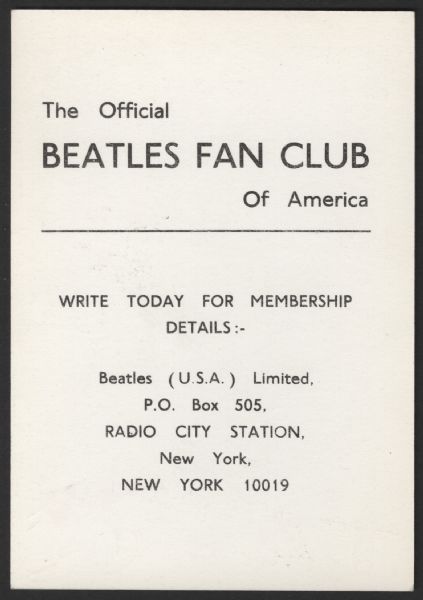 Beatles Fan Club of America Original Card