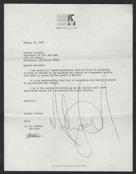 Michael Jackson Signed Letter Regarding His Pet Giraffe