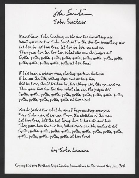 Handwritten John Lennon "John Sinclair" Lyrics