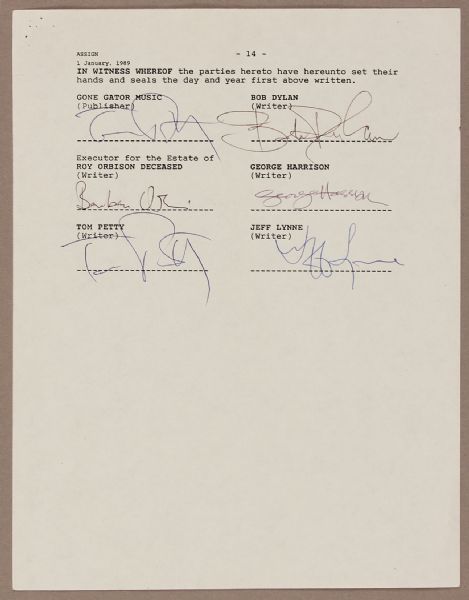 George Harrison, Bob Dylan and Tom Petty Signed Traveling Wilburys "Last Night" Agreement