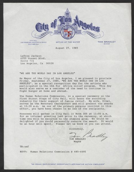 Mayor Tom Bradley Signed "We Are The World" Letter of Invite to LaToya Jackson