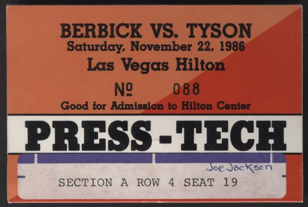 Joe Jacksons Original Backstage Pass to Berbick vs. Tyson Fight at Las Vegas Hilton