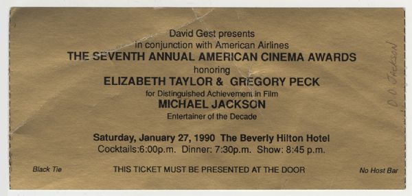 D.D. Jacksons American Cinema Awards Original Invitation Honoring Elizabeth Taylor, Gregory Peck and Michael Jackson