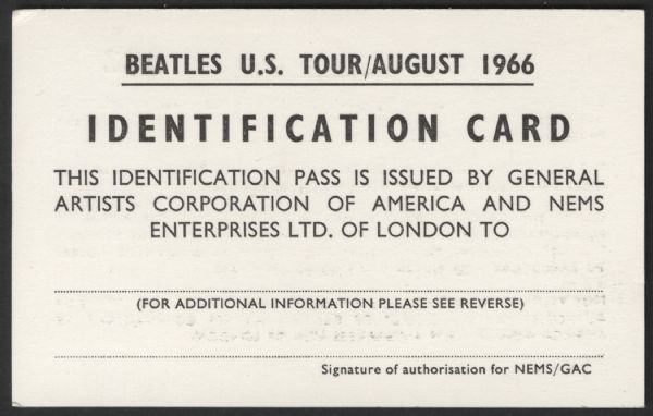 Beatles Original U.S. Tour August 1966 ID Pass