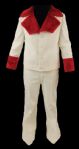 Elvis Presley Owned and Worn Custom Made White Corduroy Jacket With Red Faux Fur Collar and Matching Pants