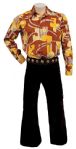 Elvis Presley’s Owned and Worn Abstract Print Shirt, IC Costume Company Brown Velvet Pants and Macramé Belt