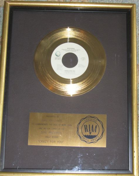 Madonna “Crazy For You" Original RIAA Gold 45 Award 