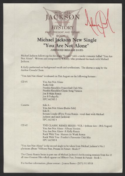 Michael Jackson Signed "You Are Not Alone" Press Release
