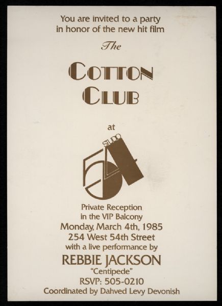 Studio 54 Original Invitation for the Film "Cotton Club" Featuring Rebbie Jackson Performing "Centipede"