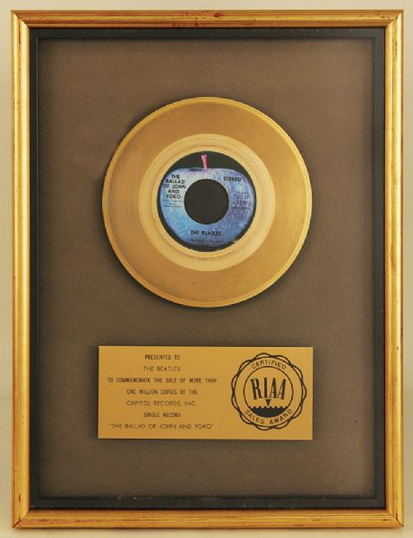 Beatles "The Ballad of John and Yoko" Original RIAA Gold Single Record Award Presented to The Beatles